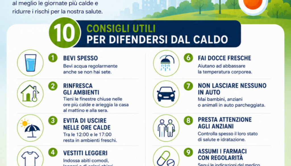 Locandina emergenza caldo della Cooperativa Edificatrice La Vittoria con 10 consigli utili per proteggersi dalle alte temperature estive.