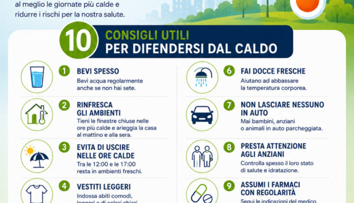 Locandina emergenza caldo della Cooperativa Edificatrice La Vittoria con 10 consigli utili per proteggersi dalle alte temperature estive.