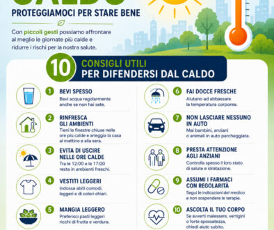 Locandina emergenza caldo della Cooperativa Edificatrice La Vittoria con 10 consigli utili per proteggersi dalle alte temperature estive.