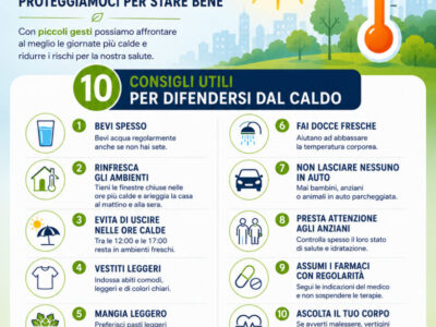 Locandina emergenza caldo della Cooperativa Edificatrice La Vittoria con 10 consigli utili per proteggersi dalle alte temperature estive.