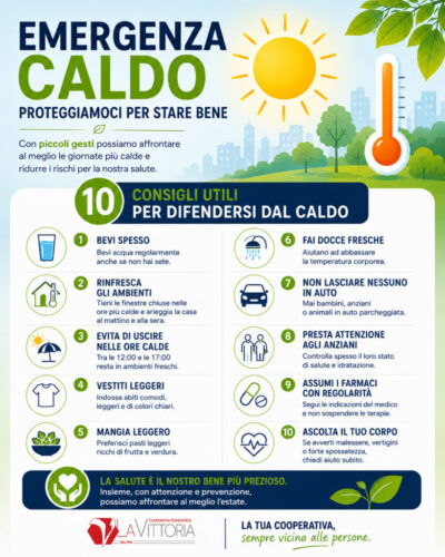 Locandina emergenza caldo della Cooperativa Edificatrice La Vittoria con 10 consigli utili per proteggersi dalle alte temperature estive.