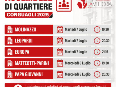 Locandina della Cooperativa Edificatrice La Vittoria con il calendario delle Assemblee di Quartiere dedicate ai conguagli 2025. Sono indicate le date, gli orari e i quartieri interessati, con l'avviso che i chiarimenti saranno forniti esclusivamente durante le riunioni