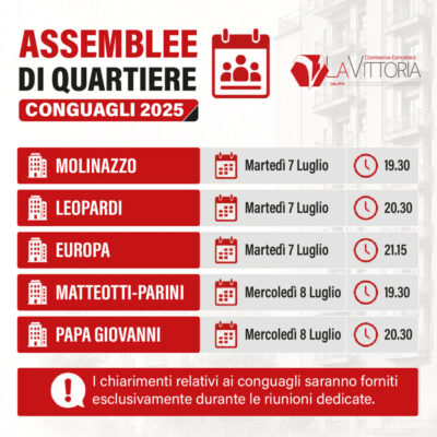 Locandina della Cooperativa Edificatrice La Vittoria con il calendario delle Assemblee di Quartiere dedicate ai conguagli 2025. Sono indicate le date, gli orari e i quartieri interessati, con l'avviso che i chiarimenti saranno forniti esclusivamente durante le riunioni